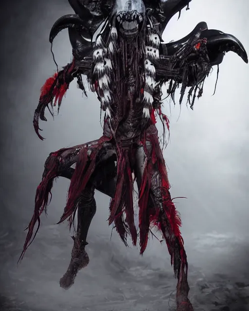 Image similar to xenomorph - human ghost - spirit of the grim - warpaint wears the scarlet skull armor and native blood headdress feathers, midnight fog - mist!, dark oil painting colors, realism, cinematic lighting, various refining methods, micro macro autofocus, ultra definition, award winning photo, photograph by ghostwave - gammell - giger - shadowlord