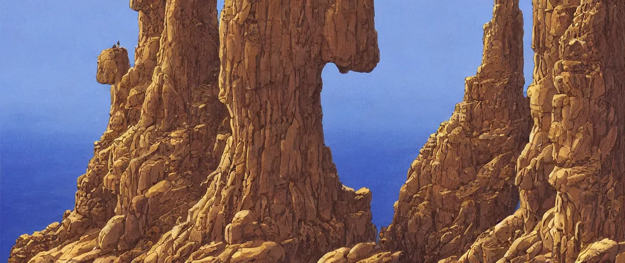 Prompt: A beautiful illustration of anthropomorphic Feline warriors statues carved in cliffsides by Robert McCall and Ralph McQuarrie | sparth:.1 | Graphic Novel, Visual Novel, Colored Pencil, Comic Book:.2 | unreal engine:.5 | viewed from below | establishing shot