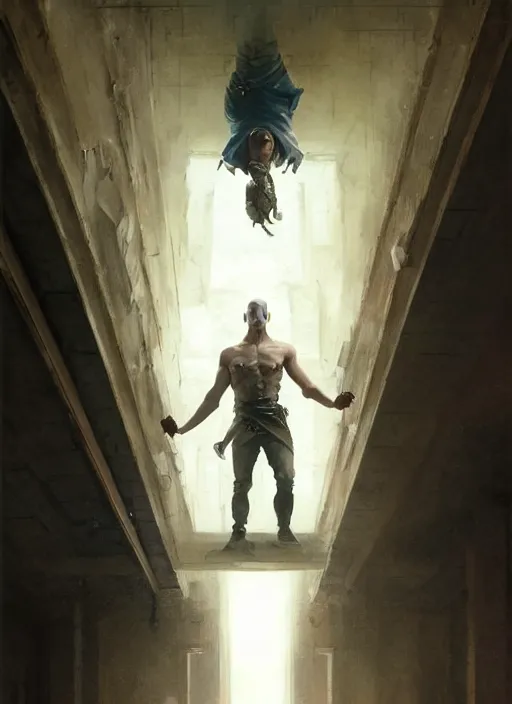 Image similar to a young man with wide, intense eyes, standing upside down on the ceiling of a hallway. he is bald and clean shaven, dressed entirely in white and holding a huge sword. painting by greg rutkowski and raymond swanland