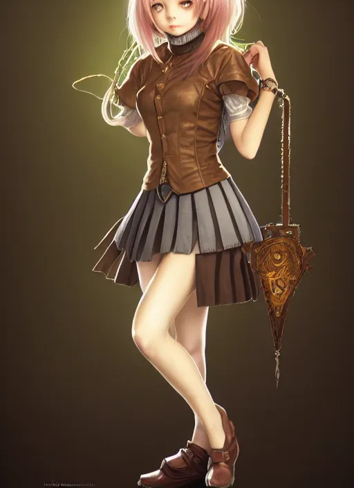 Image similar to portrait of a full body of beautiful young female detective, d & d, sleeveless turtleneck, pleated skirt, fantasy, flat lighting, intricate, highly detailed, digital painting, artstation, concept art, smooth, sharp focus, illustration, misa amane, art by simon bisley and greg rutkowski and alphonse mucha, natural tpose