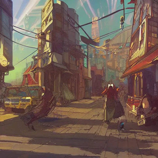 Image similar to Tlingit Maori solarpunk post-apocalyptic city street scene by Greg Rutkowski, Alphonse Mucha, Anato Finnstark, and Studio Ghibli