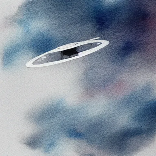 Image similar to high - angle view, from 1 0 0 0 feet in distance, vague uap interstellar vehicle on top of dramatic moody clouds in the sky, muted ink and pearlescent watercolor. minimalist, detailed, muted colors. ue 5