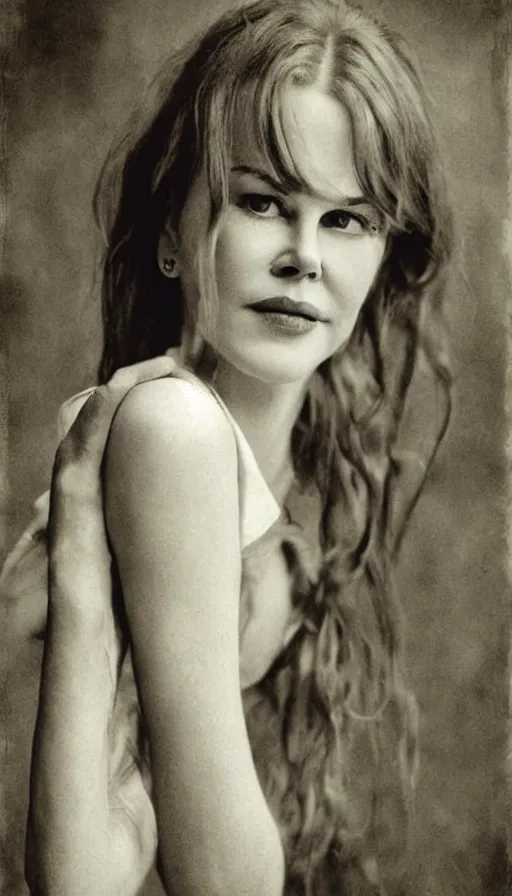 Image similar to Young Nicole Kidman, cowgirl, outlaw, portrait, full body, beautiful face, cute, no long neck, no long anatomy, symmetrical features, silver iodide, 1880 photograph, sepia tone, aged paper, Sergio Leone, Master Prime lenses, cinematic