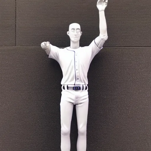 Image similar to “a realistic detailed photo of a guy who is an attractive humanoid who is half robot and half humanoid, who is a male android, baseball player Aaron Judge, shiny skin, posing like a statue, blank stare”