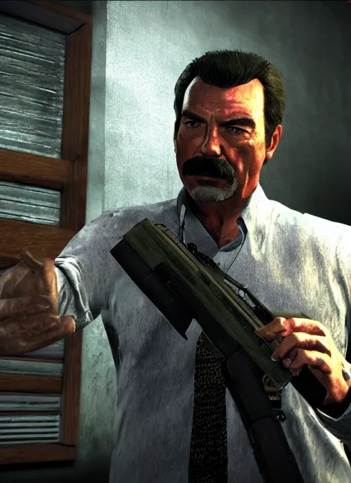 Image similar to film still of tom selleck as max payne in max payne 3, gameplay, 8 k, hd