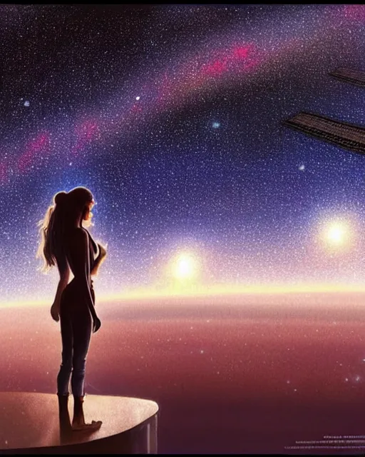 Image similar to zendaya standing infront of a huge window looking at earth on a space station in orbit around earth, lit village in the distance, stars milky way sky, deep focus, D&D, fantasy, intricate, elegant, highly detailed, digital painting, artstation, concept art, matte, sharp focus, illustration, hearthstone, art by Artgerm and Greg Rutkowski and Alphonse Mucha