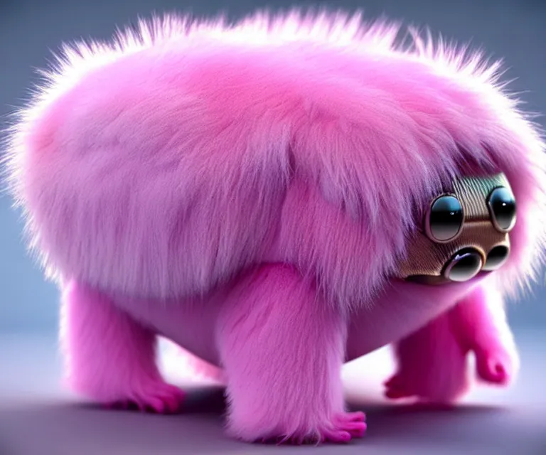 Image similar to high quality 3 d render hyperrealist very cute small tardiradiant, plush mascot, long spiky fluffy smooth hair, photo from the side, pink fluffy fur, vray, smooth background, artstation, ultra detailed