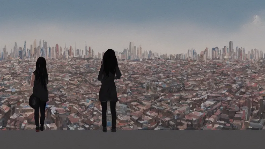 Prompt: a digital painting of a girl looking at a distant city