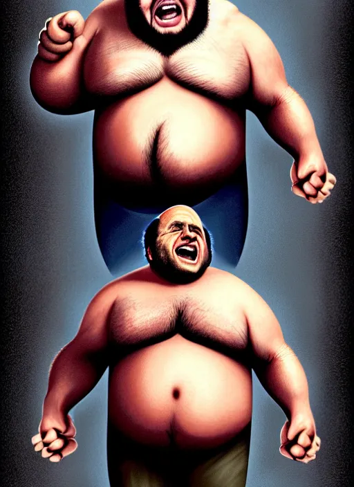 Prompt: Portrait of Fat Danny Devito with his belly sticking out as The Wolverine (2013), Hes screaming at the rain in the middle of the night road on his knees. He has Wolverine Claws on both hands, He has pants, realistic, detailed, 4k by Greg Rutkowski Mark Arian trending on artstation