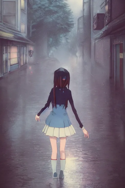 Image similar to art by hayao miyazaki, by hiro kiyohara 3d octane render portrait a stern schoolgirl in Japanese maid's clothes and long stockings sits on a wet Japanese street in the rain at night, trending on artstation, anime colors, polaroid, vintage, foggy, volumetric light, cinematic render, UE 4, RTX, oil painting