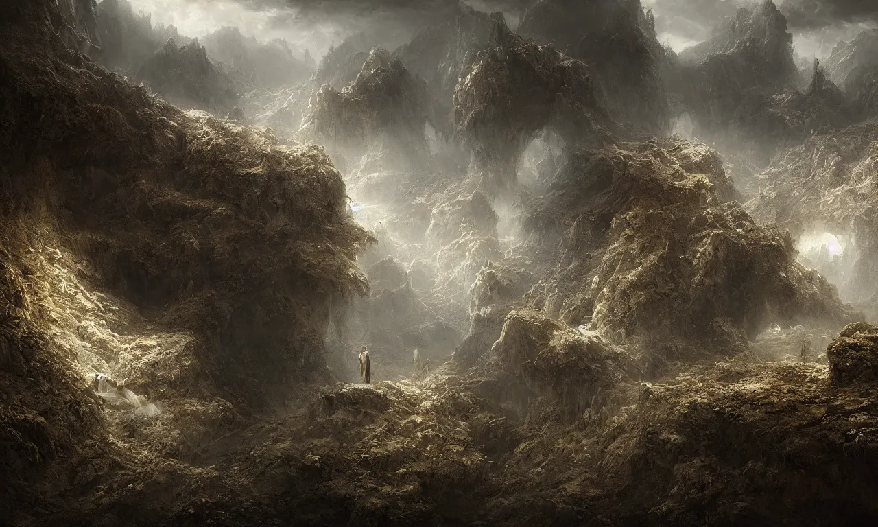 Image similar to michal karcz grunge painting of a beautiful lanscape, underground theme, detailed, elegant, intricate, 4k, by Gustave Dore