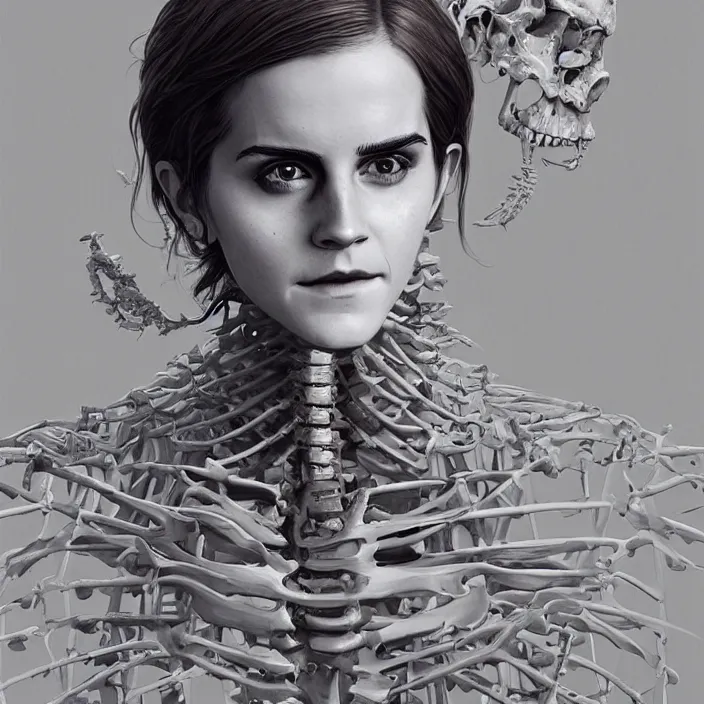 Prompt: portrait of skeleton as a Emma Watson. intricate abstract. intricate artwork. nightmare fuel. by Tooth Wu, wlop, beeple, dan mumford. octane render, trending on artstation, greg rutkowski very coherent symmetrical artwork. cinematic, hyper realism, high detail, octane render, 8k, iridescent accents