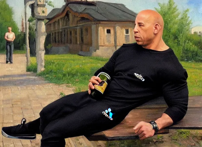 Image similar to vin diesel in black adidas sport costume, as gopnik character, sitting on a bench with a bottle of beer in the courtyard of a provincial russian town, oil on canvas, naturalism