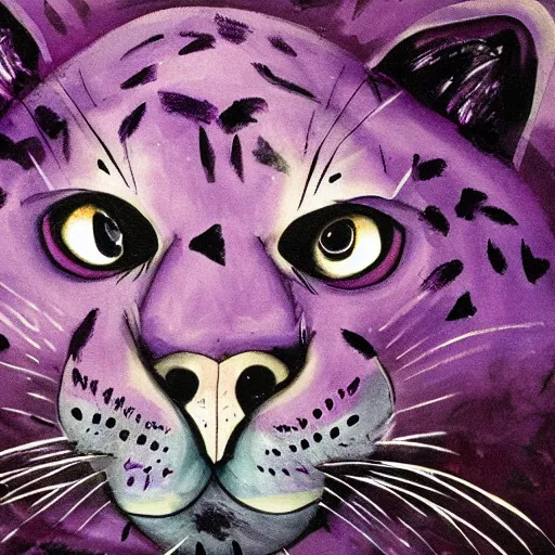 Image similar to closeup of a purple panther roaring at the moon in the forest. night. large moon in the center. detailed eyes. sharp teeth. cinematic. painting. concept art. rustic. gritty.