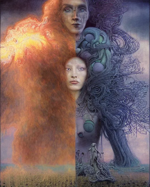 Image similar to A portrait of a woman wearing clothes made out of thunder clouds and flowers, apocalypse, nuclear explosion in the background, liquid skin, Masterpiece, glowing, wires everywhere, by Edgar Maxence and Ross Tran, Zdzisław Beksiński, and Michael Whelan, distant, gustav dore, H.R. Giger, 8k, octane render