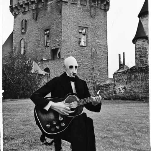 Image similar to vintage photograph of count orlok outside his castle, playing the blues on guitar, castle in the background, 4 k