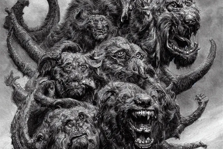 Image similar to cerberus hyperdetailed photo of a cerberus by ed binkley, wayne barlowe, alex horley, johfra bosschart, craig mullins, three head one body, cerberus, details