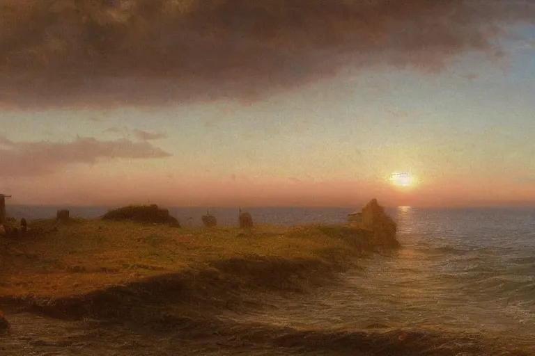 Image similar to sunset over a wooden cabin on the coast in the distance, sea, waves, oil painting, very detailed, colorful, cinematic lighting, albert bierstadt, theodor kittelsen, trending on artstation