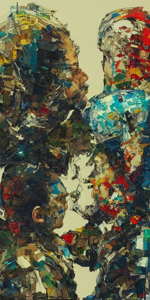 Prompt: unbelivable tension between two people, surreal, vivid colors, intricate design, painting by Alexander Mandradjiev, part by Yoji Shinkawa, part by Norman Rockwell