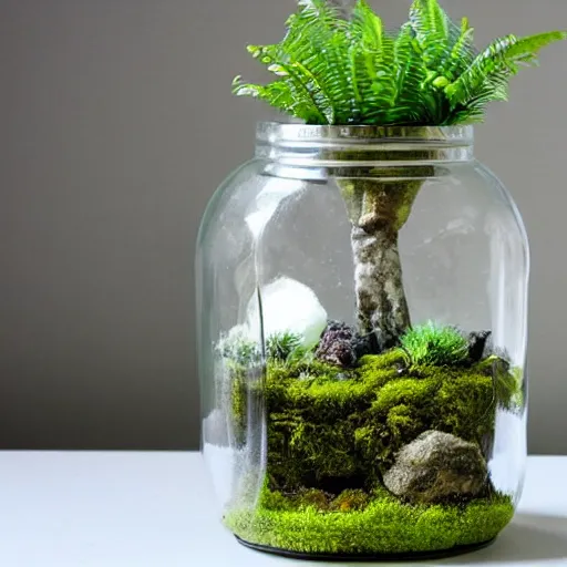 Prompt: a terrarium jar with moss and stone, tropical style