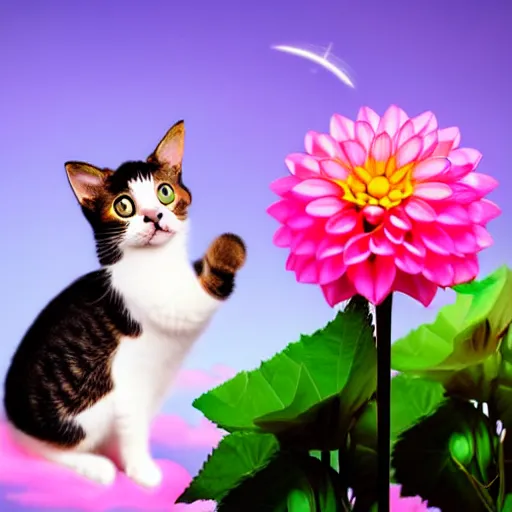 Prompt: very cute and tiny cat with horn sitting on a Dahlia flower flying on a pink cloud, sky background, pixar style, cinematic lightning, award winning creature photography