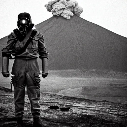 Prompt: A juggernaut soldier with a gasmask standing in front of an erupting volcano, vintage, professional photography, black and white, cinematic, eerie