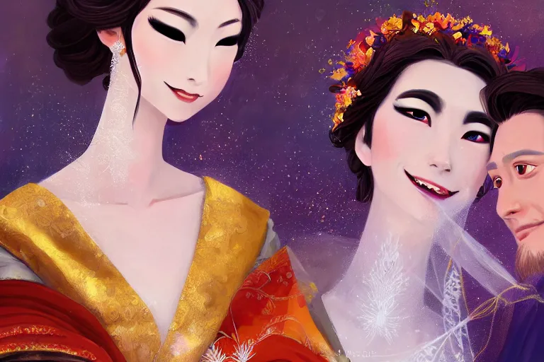 Image similar to a cinematic portrait of wedding photograph jpeg close up moment of a divine a japan sun god and moon goddess lovers magician at a wedding banquet. portraiture. digital painting. artstation. concept art. wedding photo. digital painting. frozen ii art masterpiece by art by krenz cushart