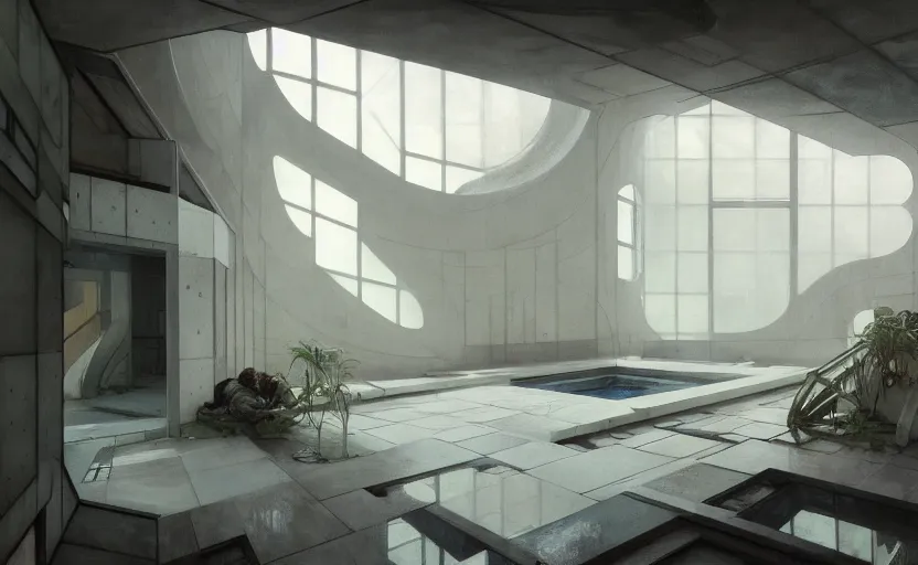 Image similar to painting of interior shot of a white concerete brutalist house architecture with big pools by darek zabrocki, alphonse mucha and greg ruthkowski, cinematic and cold atmospheric, archillect concept art, artstation, trending on artstation