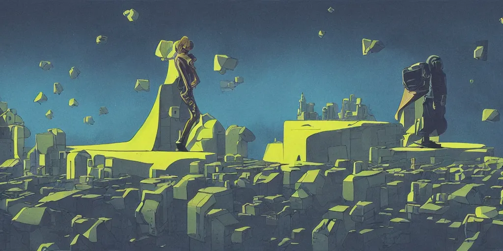 Prompt: sci - fi, matte gouache illustration, gigantic woman speaking to floating cats in the air, cubes of ice around, a lot of tears, people crying, ominous, style by moebius. yellow colors