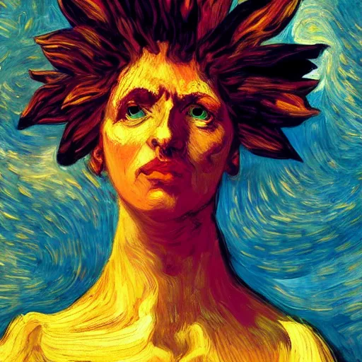 Image similar to closeup, giant sunflower head, woman standing in a room, surreal, dramatic light, impressionist painting, digital painting, artstation, van gogh