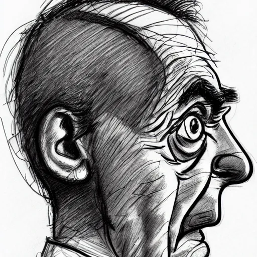 Image similar to a realistic yet scraggly portrait sketch of the side profile of a stern and sophisticated mr bean, trending on artstation, intricate details, in the style of frank auerbach, in the style of sergio aragones, in the style of martin ansin, in the style of david aja, in the style of mattias adolfsson