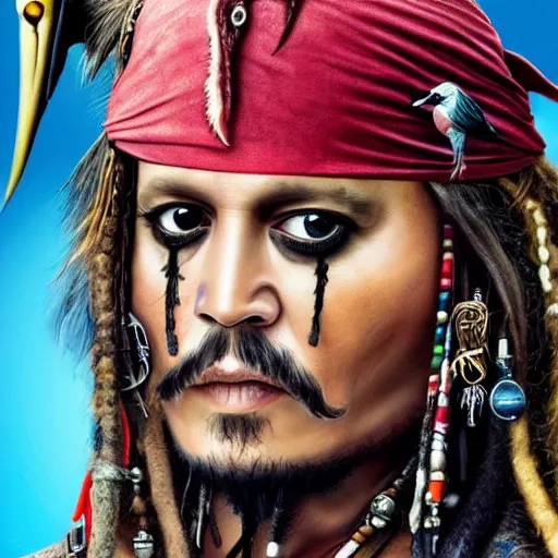 Image similar to johnny depp as jack sparrow with a parrot on the shoulder, realistic portrait, 8k resolution, hyper detailed, studio lighting, cinematic