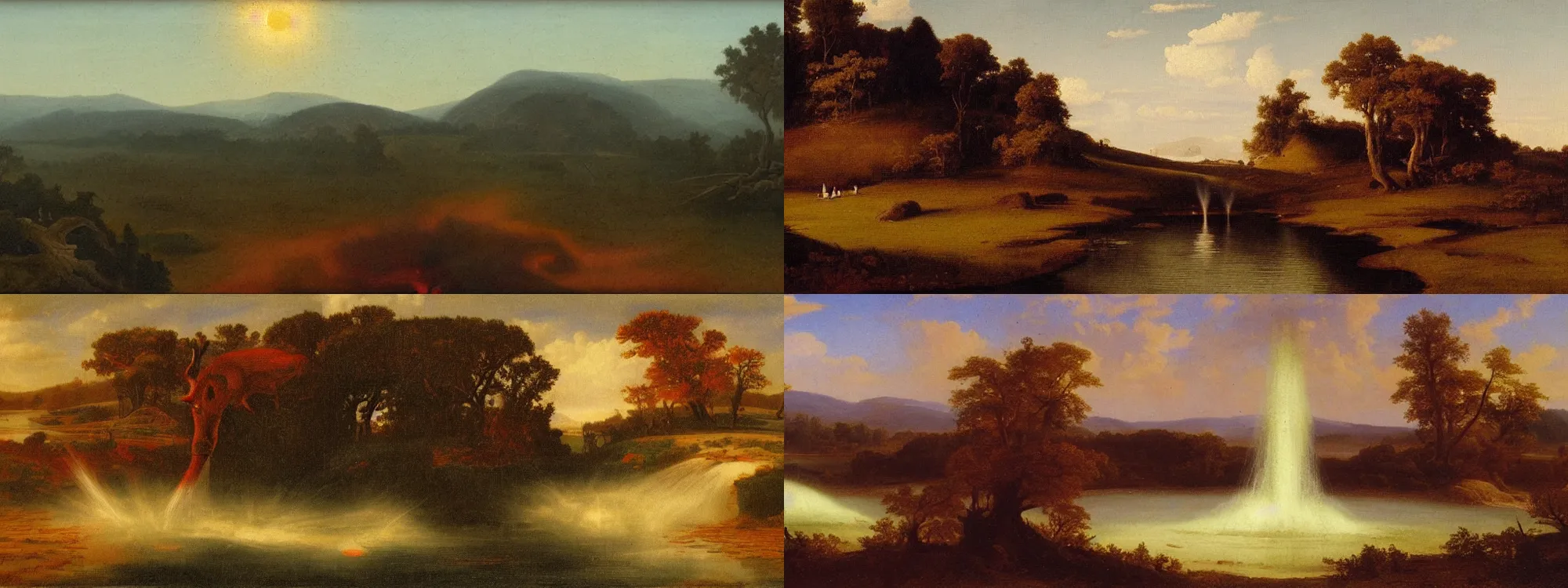 Prompt: a fountain of blood spilling out over a countryside, Hudson River School Art