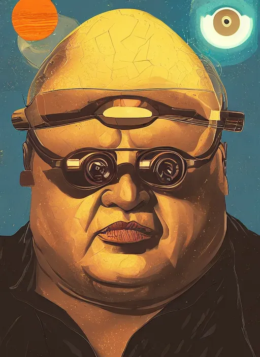 Prompt: a portrait of baron Vladimir Harkonnen wearing gold sun glasses, glowing eyes, cyborg, highly detailed, painted by Petros Afshar and James Gilleard