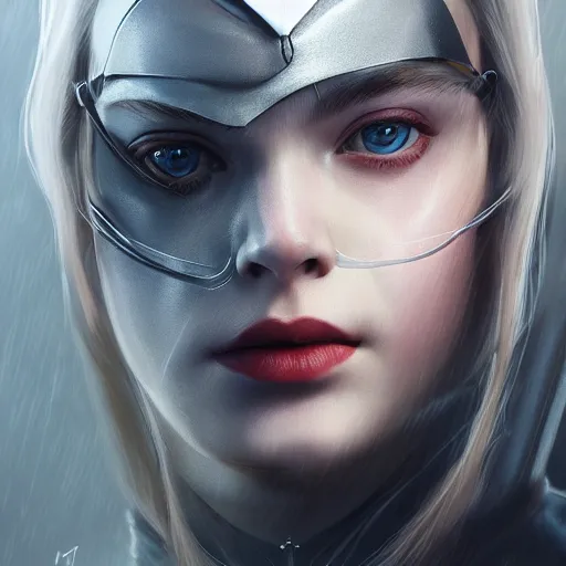 Image similar to head and shoulders portrait of modern darna, elle fanning in metal gear solid and death stranding, intricate, elegant, dark vibes, highly detailed, digital painting, artstation, glamor pose, concept art, smooth, sharp focus, illustration, art by wlop, mars ravelo and greg rutkowski