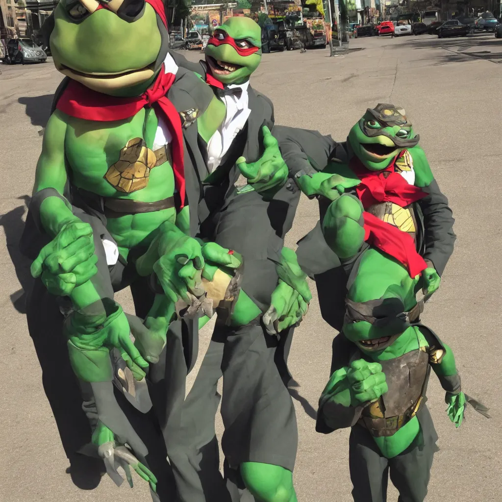 Image similar to a teenage mutant ninja turtle in a suit