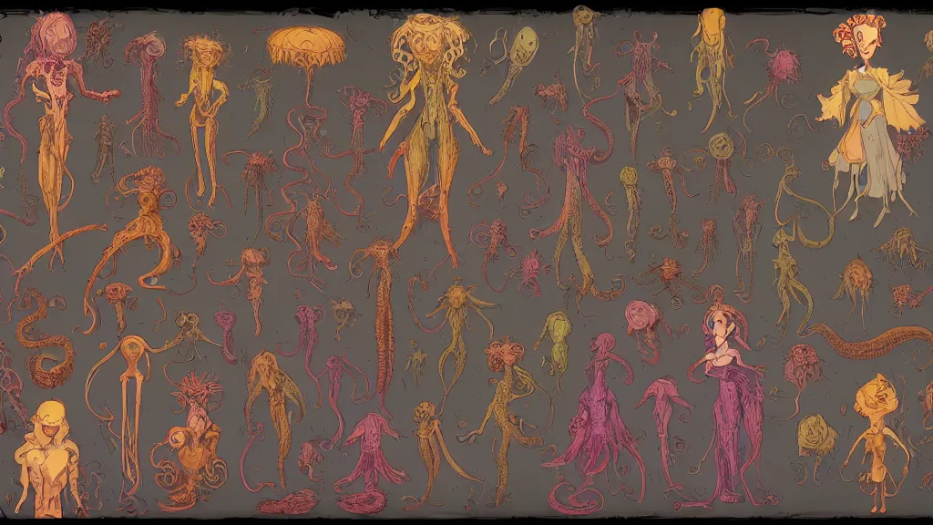 Image similar to highly detailed colorful character sheet for a stocky alien extraterrestrial victorian female servant maid with thick snake - like tentacles instead of hair, long dress with apron, mucha, jim henson creature shop, impact by craig mullins, by studio ghibli, digital art, trending on artstation, hd, 8 k, good lighting, beautiful, rough paper, masterpiece