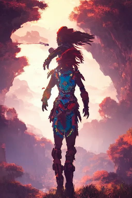 Image similar to combination suit armor aloy horizon forbidden west horizon zero dawn radiating a glowing aura global illumination ray tracing hdr fanart arstation by ian pesty and alena aenami artworks in 4 k tribal robot ninja mask helmet backpack