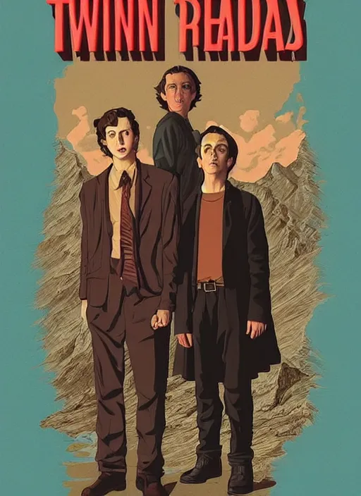 Prompt: Twin Peaks movie poster artwork by Michael Whelan and Tomer Hanuka, Rendering of Ryan Gosling & Timothée Chalamet are the Hardy Boys, from a scene from Twin Peaks, clean, full of detail, Matte painting, trending on artstation and unreal engine