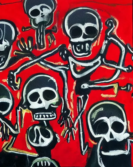 Prompt: oil neo expressionism painting of skull skeletons singing in the choir by basquiat