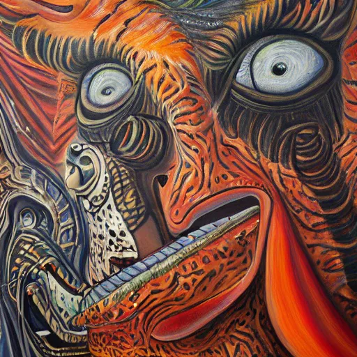 Image similar to an intricated and detailed painting of a shaman turning into a jaguar by jose clemente orozco 4 k render