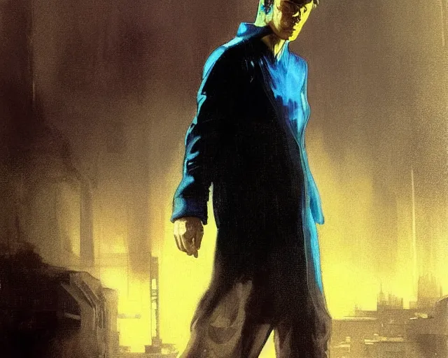 Image similar to 2 0 1 8 blade runner movie very very young clint eastwood in his youth western look at the cityscape from roof perfect face fine realistic face pretty face reflective polymer suit tight neon puffy jacket blue futuristic sci - fi elegant by denis villeneuve tom anders zorn hans dragan bibin thoma greg rutkowski ismail inceoglu illustrated sand storm alphonse mucha