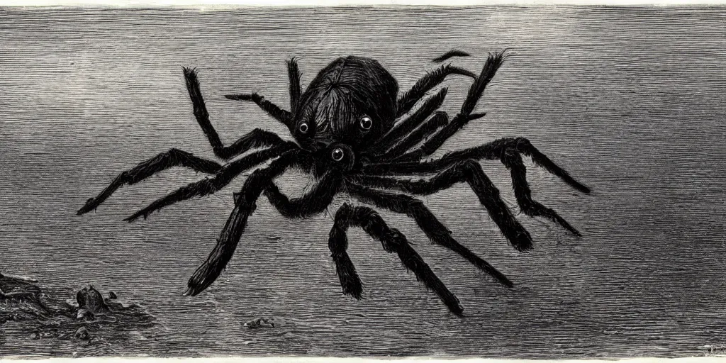 Prompt: hyperrealism Baptism on the river, monster spider in style of Goya