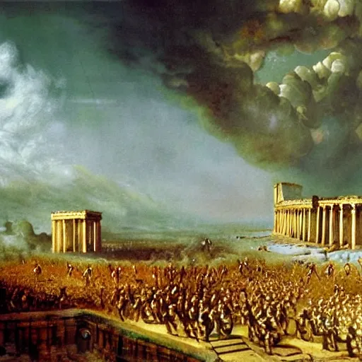 Image similar to nuclear war, fall of rome, epic painting