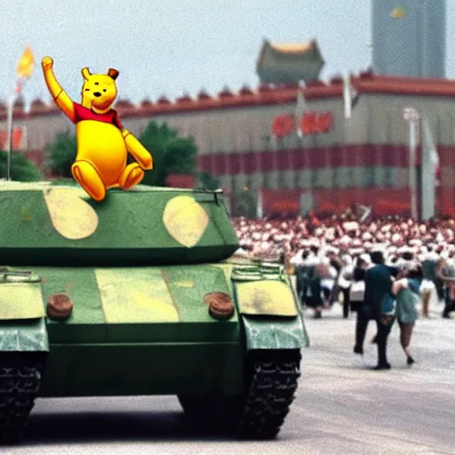 Image similar to Winnie the Pooh riding a tank in Tiananmen square, June 5, 1989, hyperrealistic, photorealistic, ultra hd, 4k, award-winning, cinematic lighting, historic, ominous