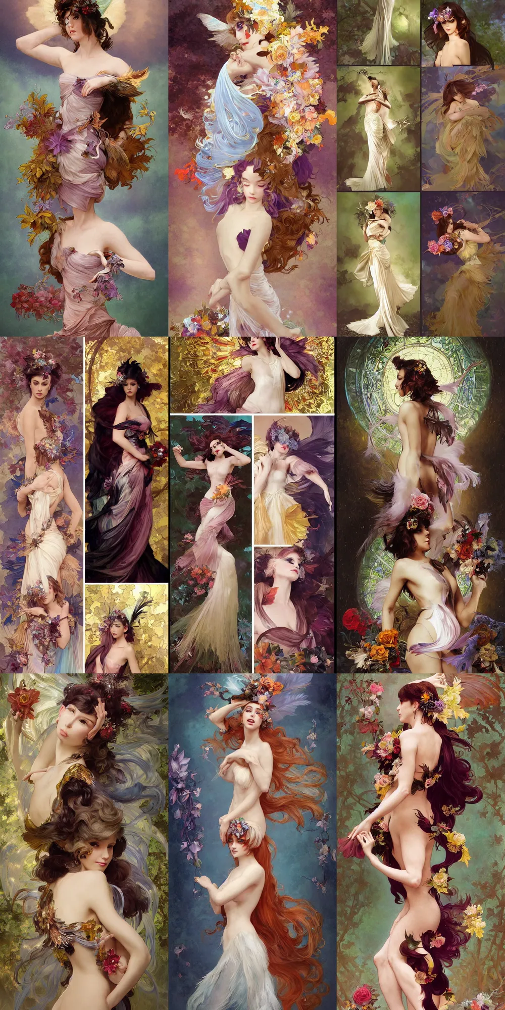 Image similar to Painterly character concept and fashion spot illustrations from a Final Fantasy Halloween-themed wedding, full-body, dynamic poses, diaphanous iridescent silks, autumn colors, bloom, god rays, cinematic lighting, intricate crystalline and feather jewelry, ornate, filigree, arcane, by Luis Ricardo Falero, by Alphonse Mucha, by Bouguereau, by Rubens, fantasy, portfolio illustration, highly detailed, trending on Artstation, CGsociety, Pixologic top row, rendered in Octane, rendered in Arnold, HQ, 8k, 35mm lens, f2.8, Bokeh,