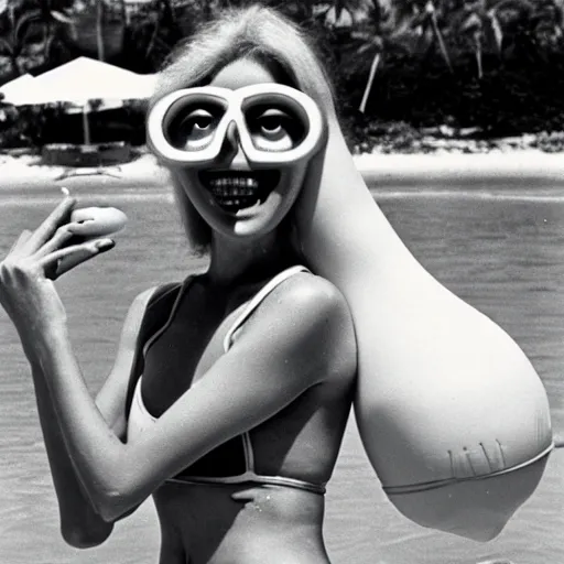 Image similar to 1976 woman wearing a smiley prosthetic mask with long snout nose and nostril, soft color wearing a swimsuit at the beach 1976 holding a an inflatable fish color film 16mm Almodovar John Waters Russ Meyer Doris Wishman old photo