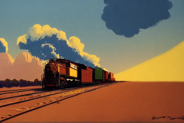 Image similar to idyllic old western freight train illustration by syd mead, artstation, 4 k, graphic novel, concept art, matte painting, steam engine spewing billowy white clouds of steam, beautiful mountain desert sunset background, golden hour