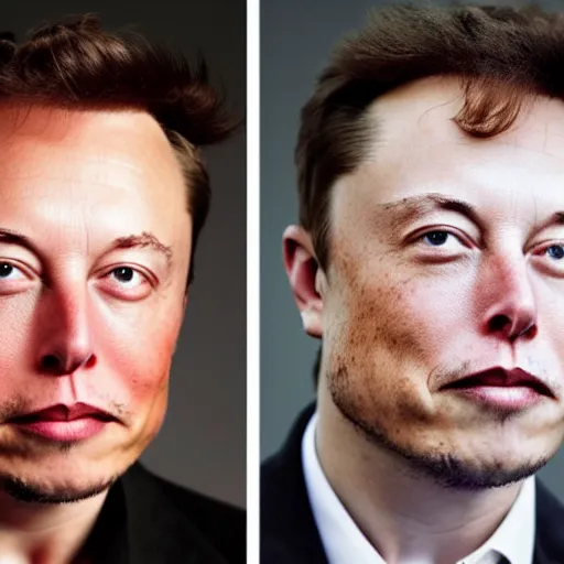 Image similar to A portrait photo of Elon Musk teams up with a teenage Elon Musk, perfect faces, 50 mm, award winning photography