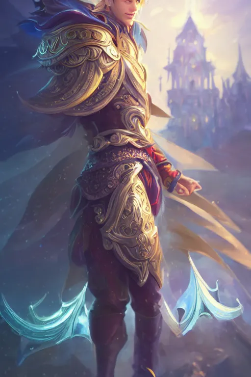 Prompt: fullbody portrait of a male fit hero with strange hairs, soft smile, baroque cloth, final fantasy, league of legends champion, strong iridescent light, by chengwei pan and sakimichan, gradient white to gold, in front of a magical building background, highly detailed portrait, digital painting, smooth, focus illustration